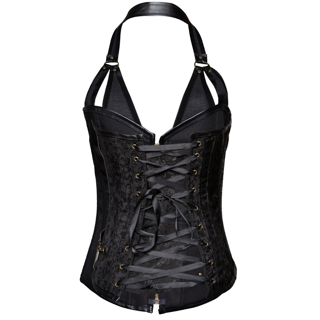 Faux Leather Halterneck Steampunk Overbust Corset With Chains