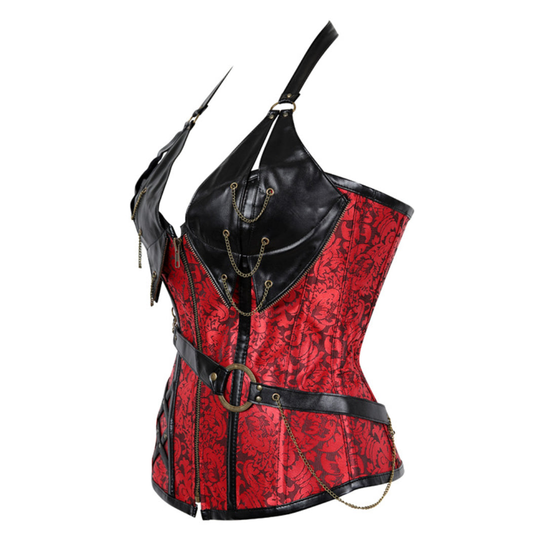 Faux Leather Halterneck Steampunk Overbust Corset With Chains