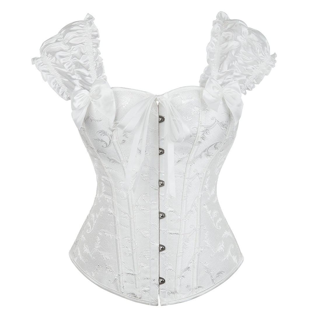 White Floral Jacquard Overbust Corset With Bubble Lace Sleeves | JAMSHAPE