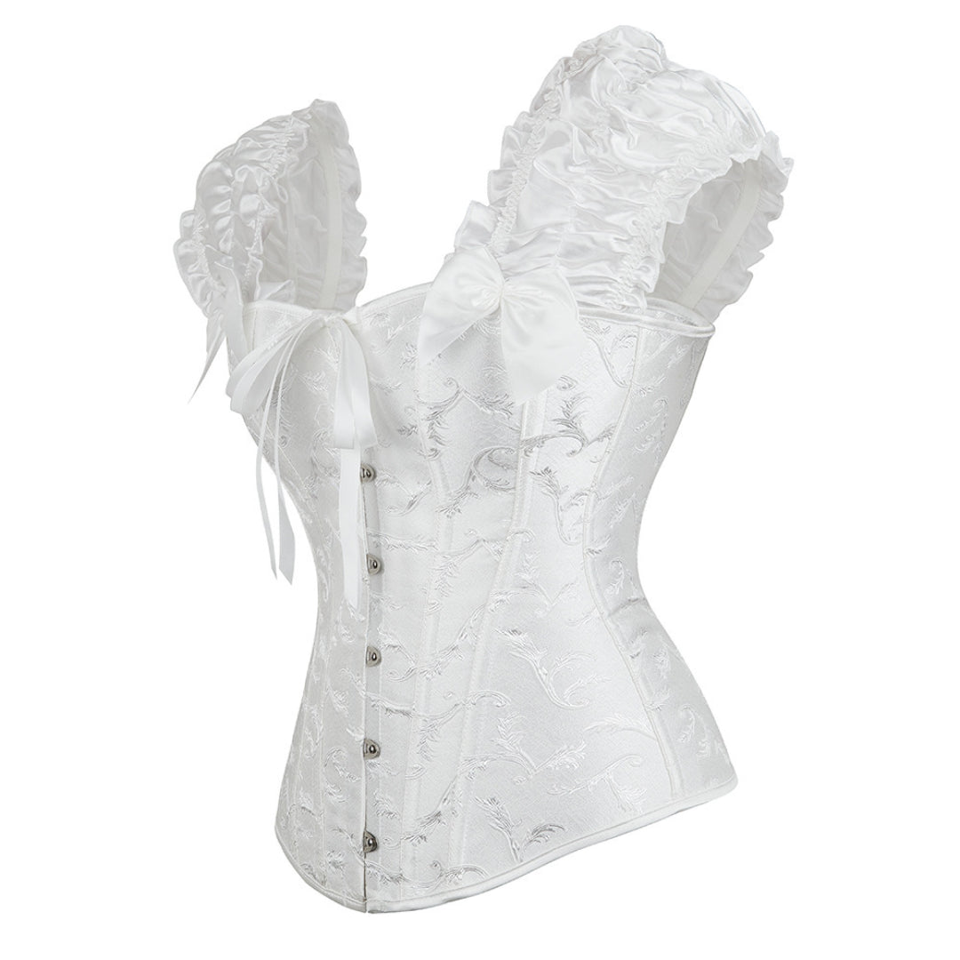 White Floral Jacquard Overbust Corset With Bubble Lace Sleeves | JAMSHAPE