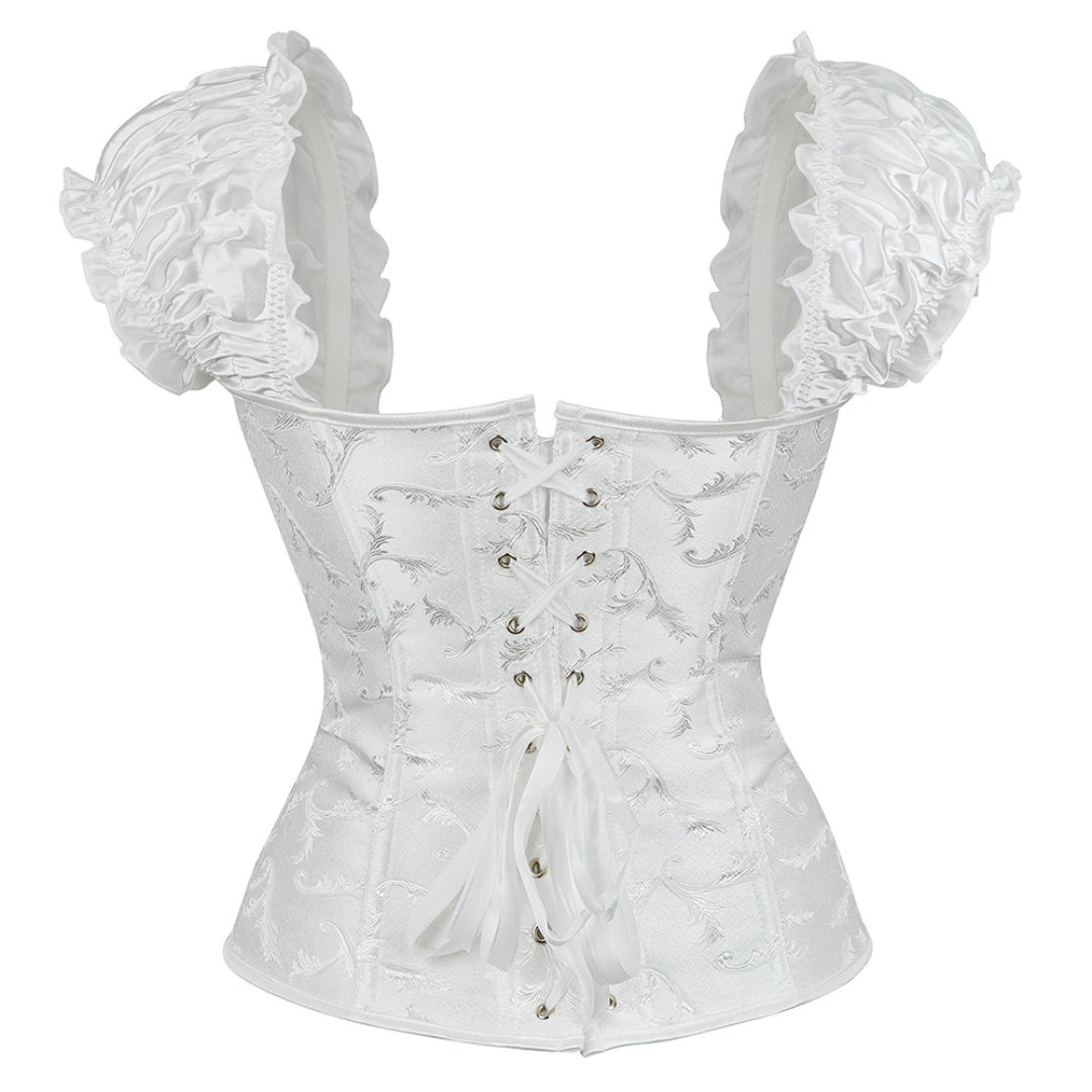 White Floral Jacquard Overbust Corset With Bubble Lace Sleeves | JAMSHAPE