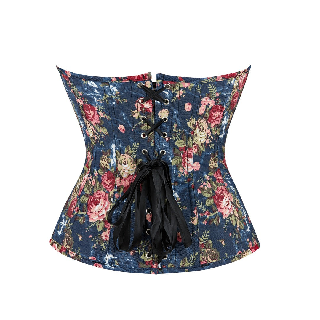 Rose Floral Jacquard Denim Overbust Corset | JAMSHAPE