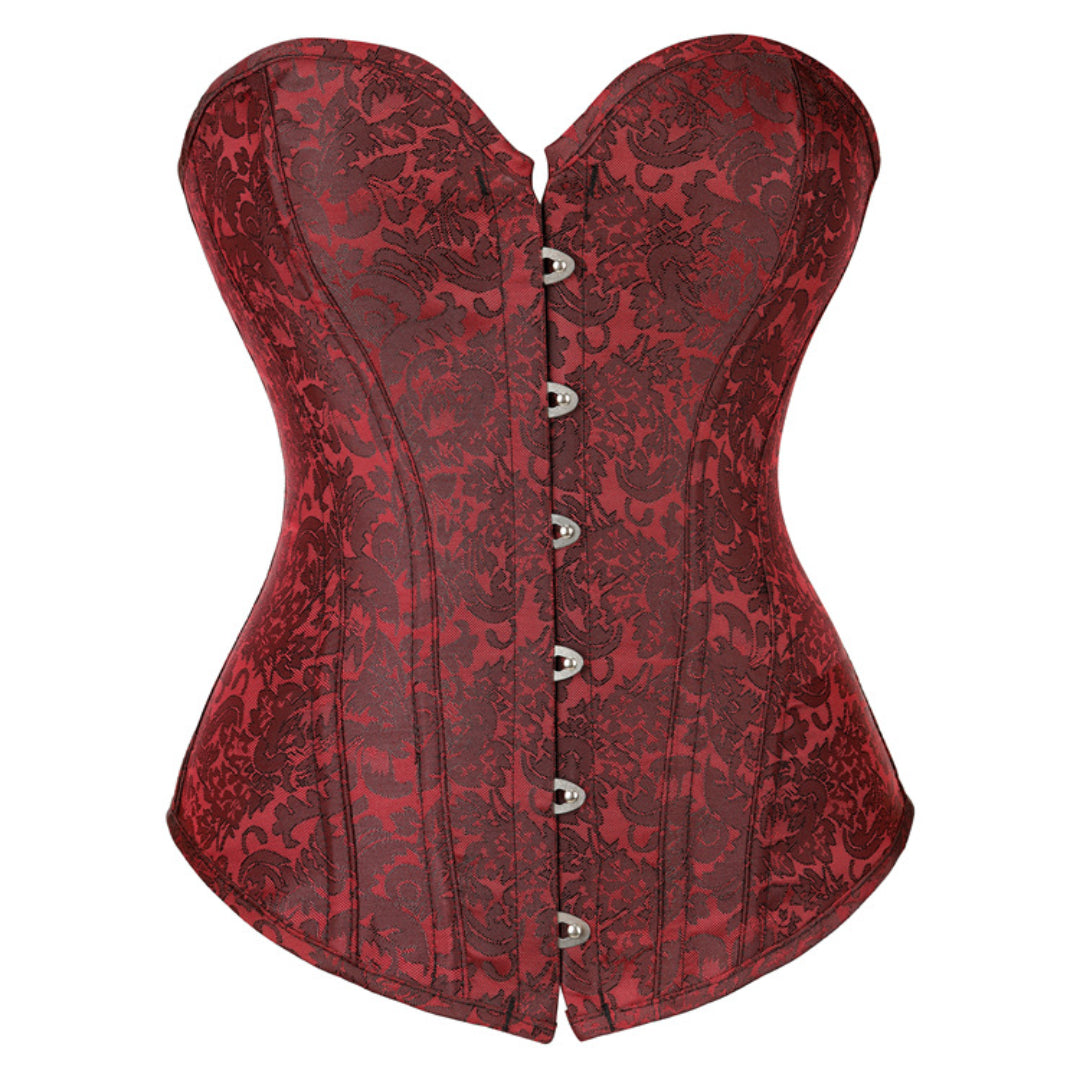 Dark Red Flroal Embroidered Overbust Corset | JAMSHAPE