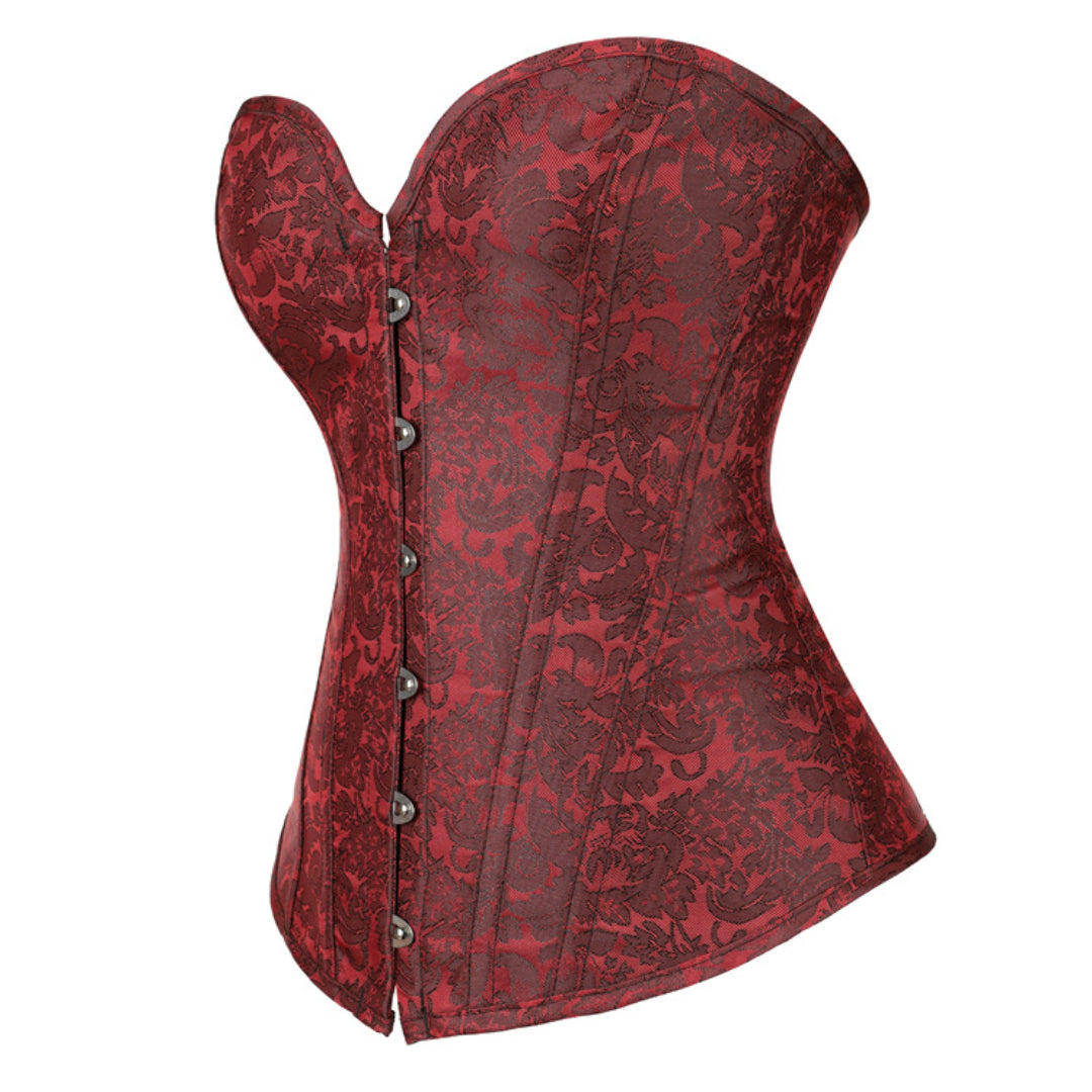 Dark Red Flroal Embroidered Overbust Corset | JAMSHAPE