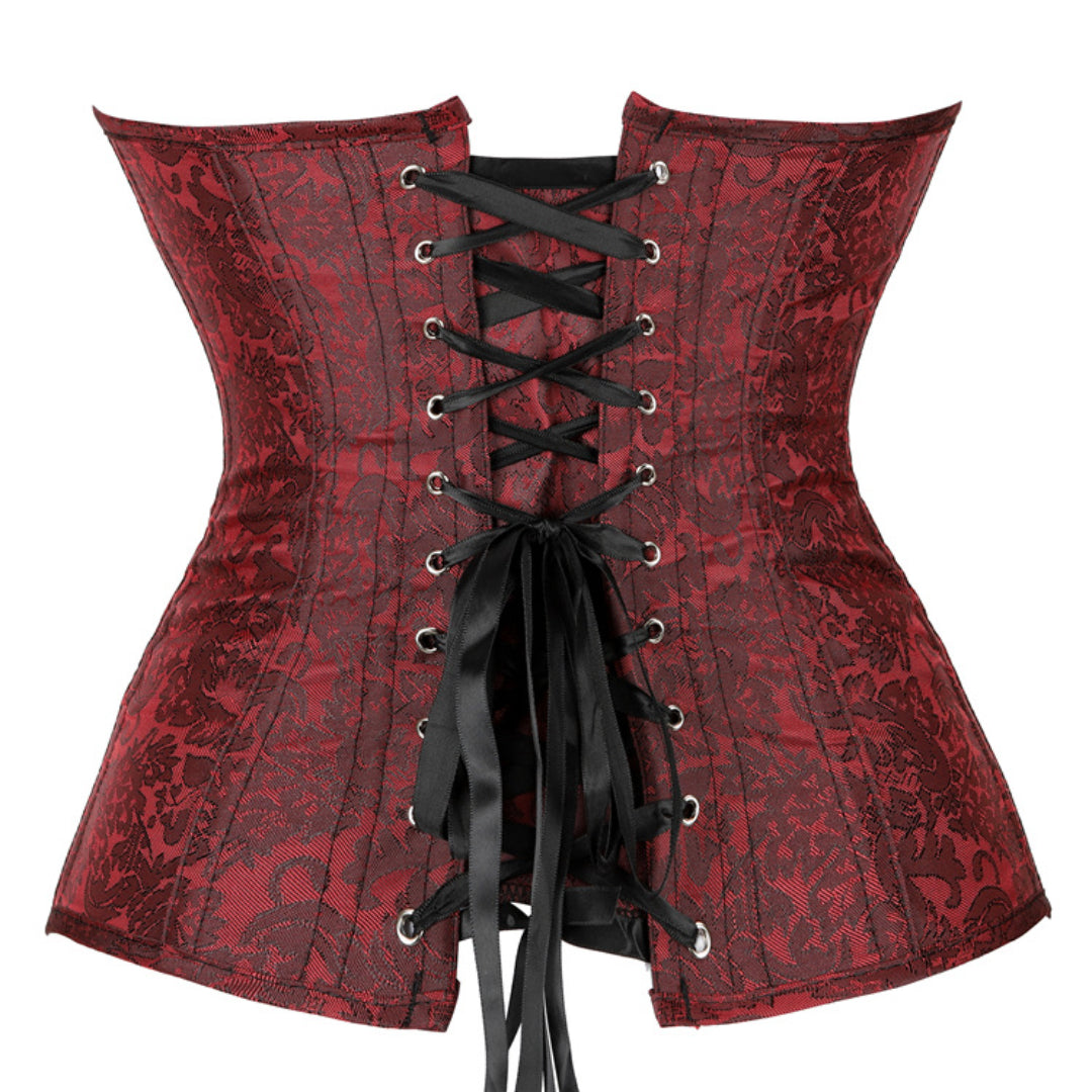 Dark Red Flroal Embroidered Overbust Corset | JAMSHAPE