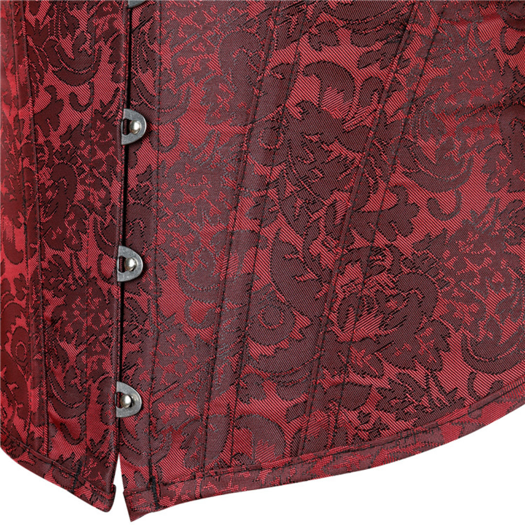 Dark Red Flroal Embroidered Overbust Corset | JAMSHAPE