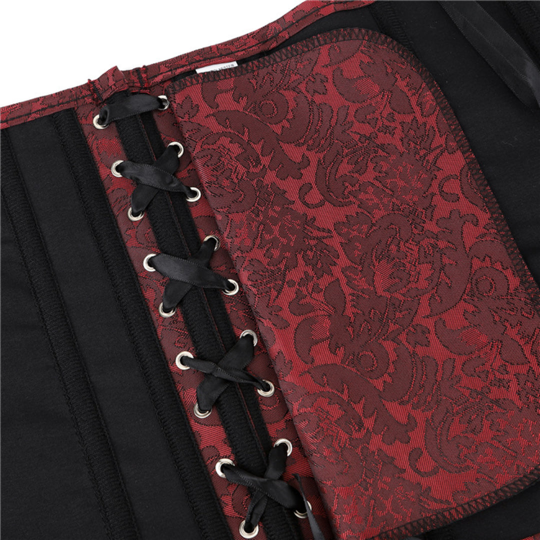 Dark Red Flroal Embroidered Overbust Corset | JAMSHAPE