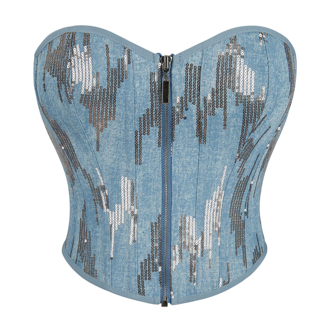 Denim Zipper With Silver Sequins Overbust Corset | JAMSHAPE